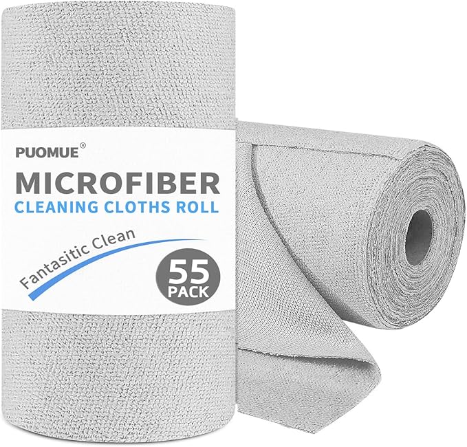 Puomue 55 Pack Microfiber Cleaning Cloth Roll, Tear Away Reusable Towels, 11" X 9", Ultra Absorbent & Lint Free Microfiber Cloth for Cleaning Cars, Kitchen, Window, Home and Shop, Grey