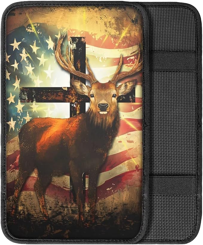 Suobstales Deer Cross American Flag Print Car Armrest Pad Soft Center Console Arm Rest Protector Cover Universal Car Interior Accessories Decoration