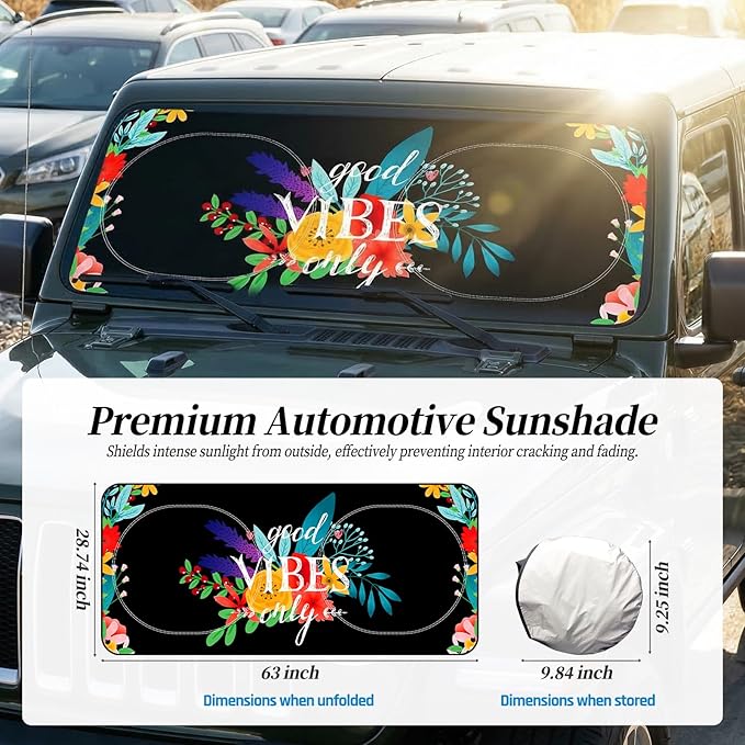 63"x28.5" Car Windshield Sun Shade with Storage Pouch, Stylish Printed Front Window Sunshade with Double Ring Frame, Universal Fit Foldable Heat Blocker & UV Protector for SUV, Sedan (Good Vibes)