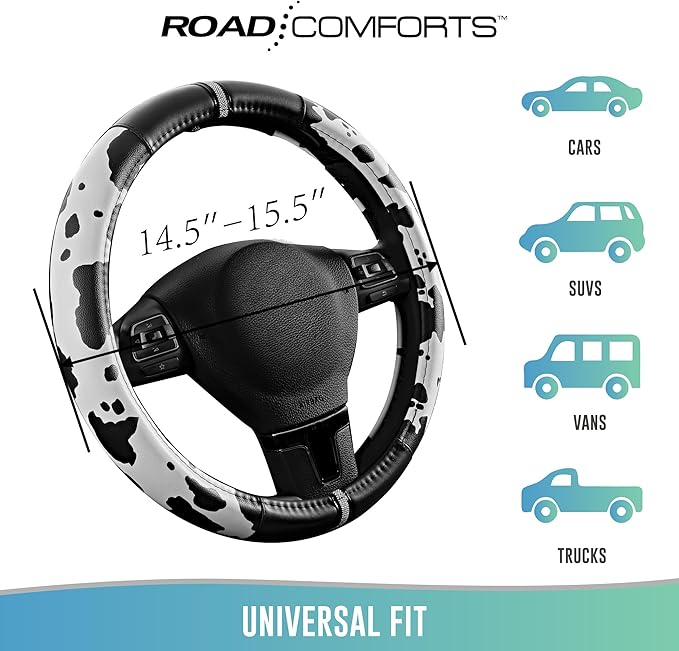 Road Comforts Cow Pattern Steering Wheel Cover - Made with PVC Leather - Anti-Slip, Universal Fit 14 1/2 inches to 15 inches