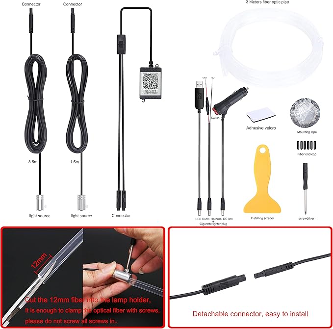Car Ambient Lighting Optic Fiber 64 Colors Music Sound Active with APP Control Car Decorative Atmosphere Lighting Kit DC 12V 1W 3m