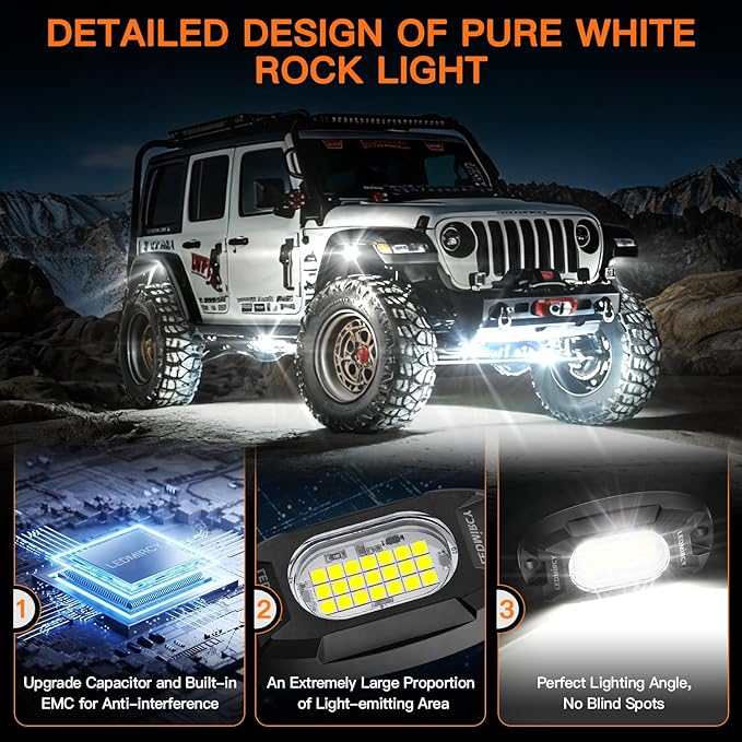 Rock Lights,LEDMIRCY R6 LED Pure White Rock Lights 20PCS with Rocker Switch Wire Harness Kit Super Brigh Luces para Carro for Trucks Off Road ATV SUV High Power Light Waterproof Shockproof