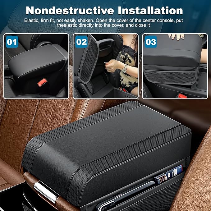 Car Center Console Cover, Upgraded Memory Cotton Auto Armrest Cushion with 2 Storage Bags, Waterproof Middle Console Cover Arm Rest Box Pad Car Interior Accessories for Most Vehicles