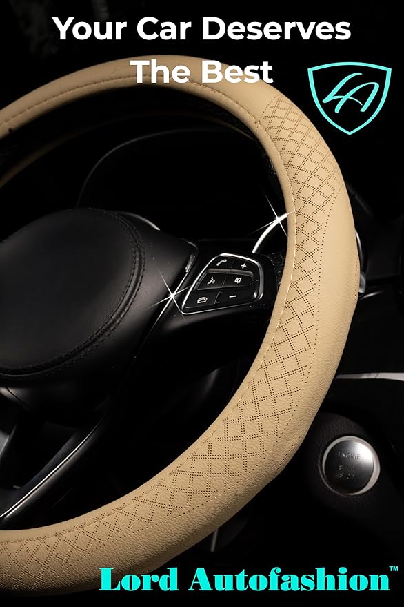 Lord Autofashion Steering Wheel Cover – PU Leather, Non-Slip Rubber Inner, All-Season Comfort – 14.5–15 Inch (Beige 9283)