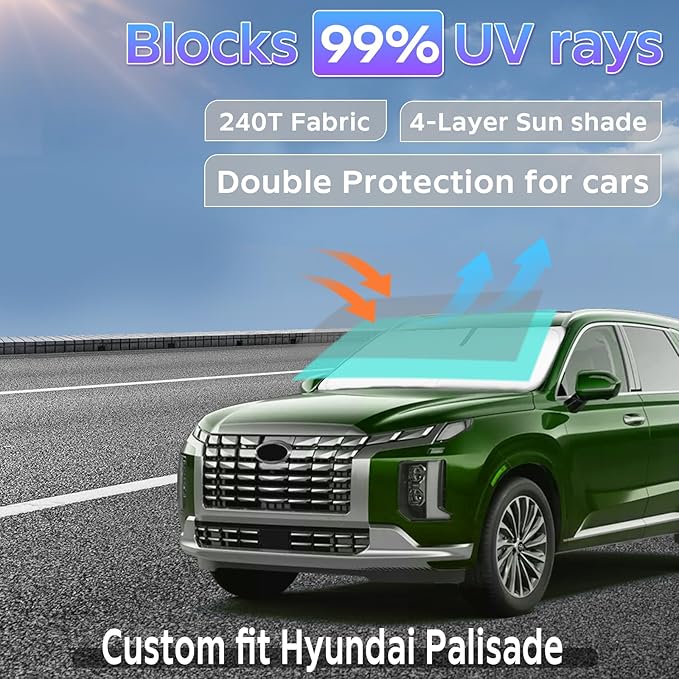 Sun Shade Sunshade for Hyundai Palisade 2020-2024 2025 2026 Windshield Cover, 4-Layers Sun Shield 250T Silver Sun Visor Foldable Front Window Shade Blocks UV Rays Car Accessories
