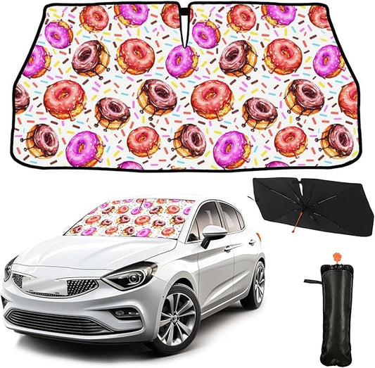 CHILL·TEK Funny Animal Car Windshield Sun Shade Umbrella, Cute Donuts Car Sun Shade Umbrella, Block UV Rays Heat Foldable Windshield Umbrella Sun Visor Protector - Keep Vehicle Cool for Cars SUV