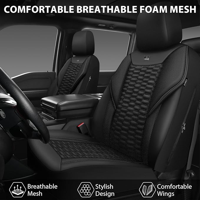 CAR PASS 3D Foam Mesh Leather Car Seat Covers Full Set,Breathable Mesh Faux Leather Seat Covers for Car,Universal Fit for SUV Truck Sedan Automotive, Armrest Airbag Compatible,Black