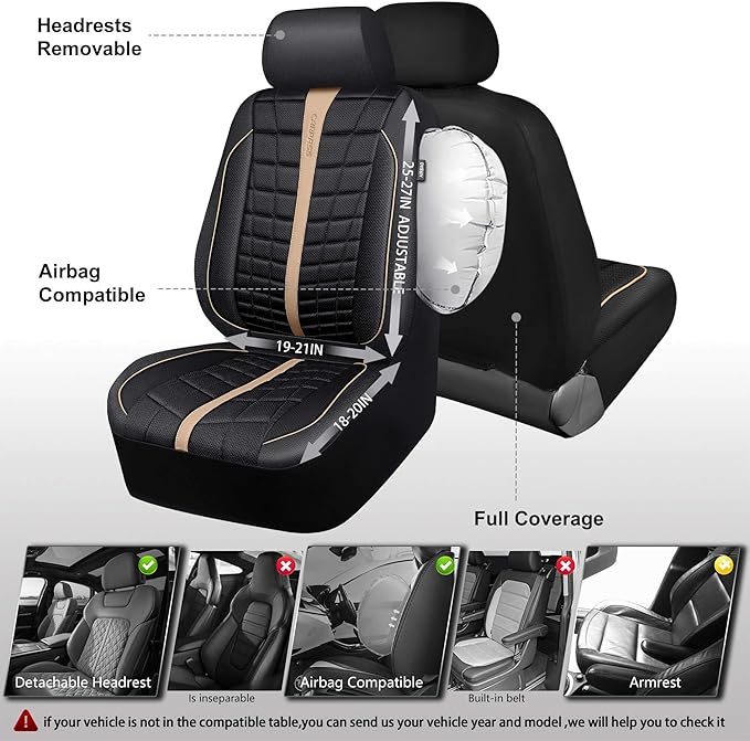 CAR PASS 3D Air Mesh Seat Covers for Car, Leather Car Seat Cover Front Seats, Breathable Foam Premium Leather Mesh Front Seat Covers Universal Fit for Cars Sedans Trucks Vans SUVs, Black Beige