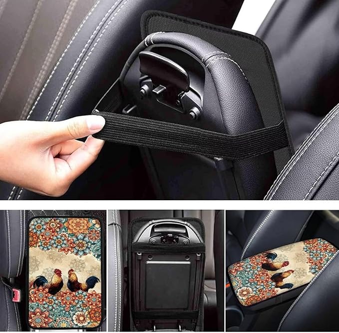 Suobstales Boho Mandala Rooster Chicken Print Car Armrest Pad Soft Center Console Arm Rest Protector Cover Universal Car Interior Accessories Decoration