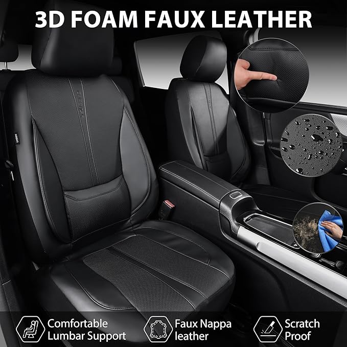 CAR PASS Nappa Leather Car Seat Covers Full Set, Water Resistant 3D Foam Faux Leather Seat Covers with Lumbar Support, Automotive Seat Covers 5 Seats Comfort & Universal Fit for Cars SUV Truck, Black