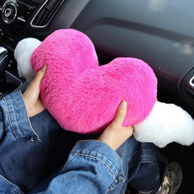 2 Pack Heart Shaped Cute Car Headrest Pillow with Angel Wings - Comfortable Soft Head Rest Cushion Kawaii Car Accessories Neck Pillow for Driving Travelling Office Home Decor - Rose Red Love Heart