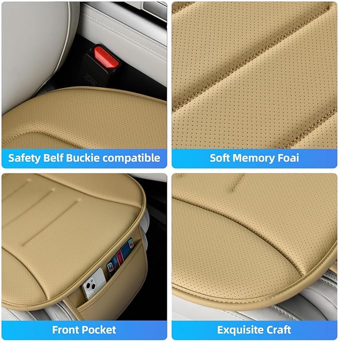 KAYI Car Seat Cushion, Comfort Memory Foam Car Cushions for Driving, Breathable Leather Surface with Anti Slip Rubber Bottom, Seat Cushion for Car and Office Chair (1 Pack, Beige)