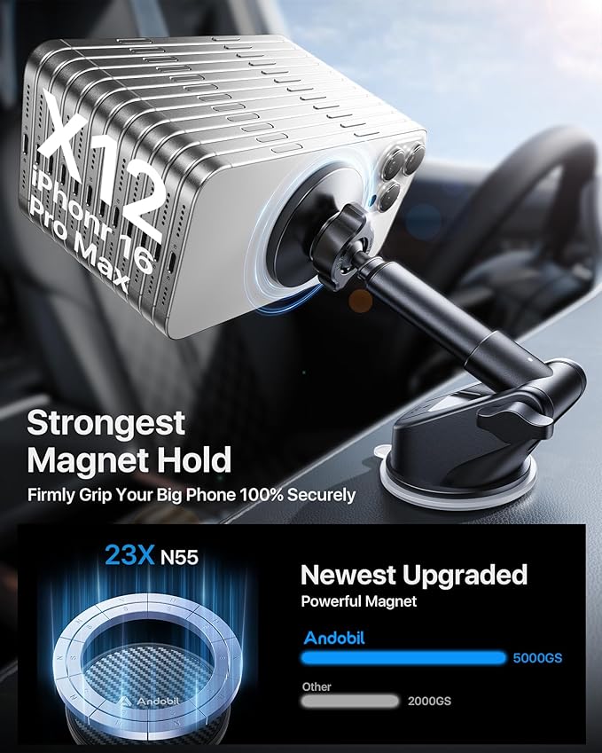【Military-Grade】andobil 3 in1 Magnetic Phone Holder for Car Dashboard Windshield Vent 【Upgrade Suction & Strongest Magnet】Retractable for MagSafe Car Mount Mats for iPhone 17 16 15 14 Pro Max Sumsung