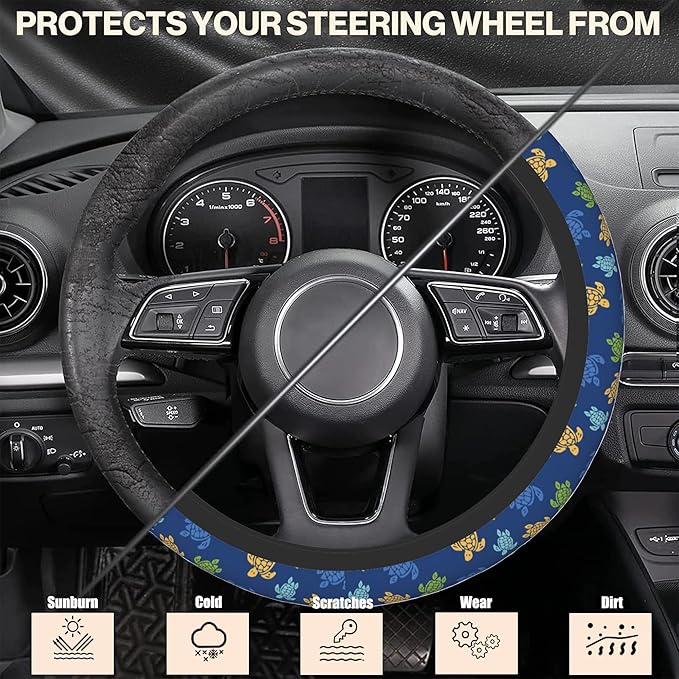 Colorful Turtles Steering Wheel Cover, Elastic Non-Slip Steering Wheel Protector,Auto Interior Decor for Women Girls,Universal 15" Fit for Sedans,Trucks
