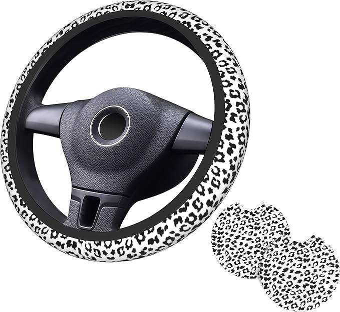 Gray Leopard Print Steering Wheel Cover Cheetah Animal Print Steering Wheel Cover Anti-Slip Breathable Universal for 15 Inch Car with 2 Pieces Car Coasters Suitable for Men Women