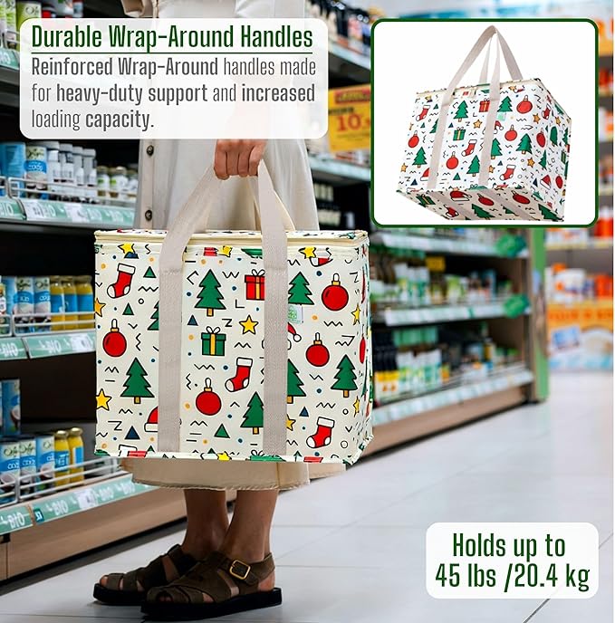 VENO 2 Pack Insulated Cooler Bag for Food Delivery, Reusable Grocery Shopping Bag, Heavy Duty, Large Size, Durable Handles, Double Zippers, Lid, Collapsible (Jingle Mix, 2 Pack)