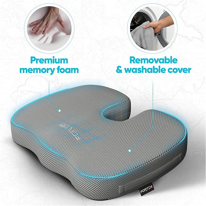 FORTEM Seat Cushion, Office Chair Cushion, Desk Chair Memory Foam, Sciatica Coccyx Tailbone Pain Relief, Pressure Relief, Sitting Pad, for Long Gaming & Sitting, Washable Cover, Non Slip