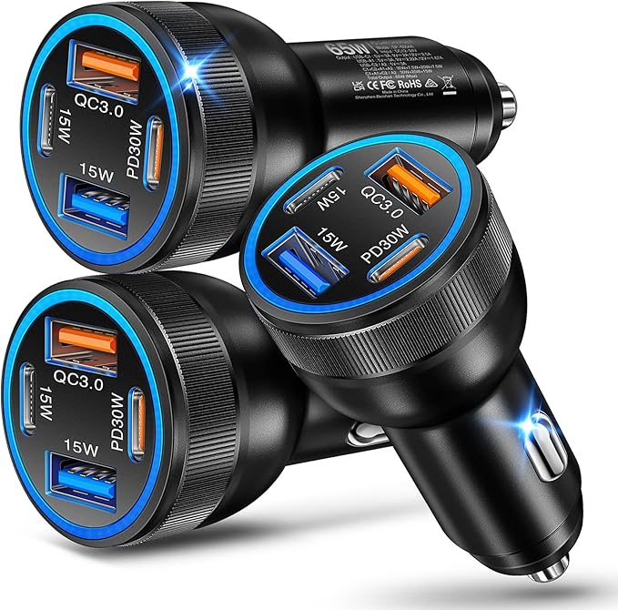 USB C Car Charger, 3 Pack 65W 4-Port Dual USBC & USB-A Car Charger Adapter Fast Charging Cigarette Lighter USB Charger Plug Cargador Carro Phone Accessories for iPhone 17 16 15 Pro Max, Galaxy S25