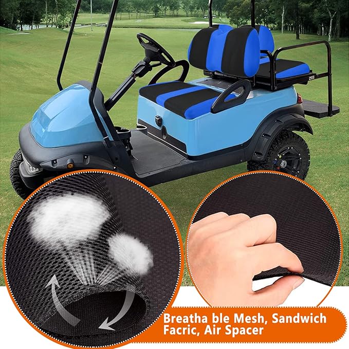 Golf Cart Front with Back Seat Cover Set for Club Car Precedent 4 Passenger Models Bench Seat Covers Kit Breathable Washable Polyester Mesh Cloth Blue