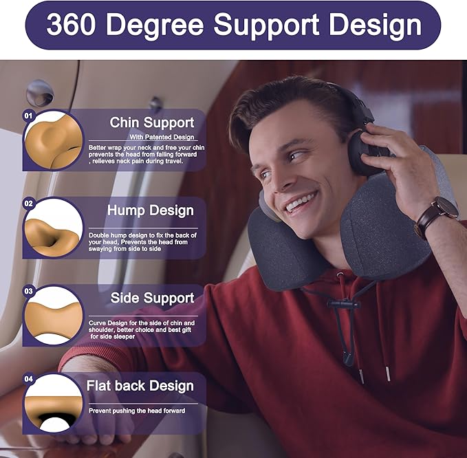 napfun Neck Pillow for Traveling, Upgraded Travel Neck Pillow for Airplane 100% Pure Memory Foam Travel Pillow for Flight Headrest Sleep, Portable Plane Accessories, Full Black