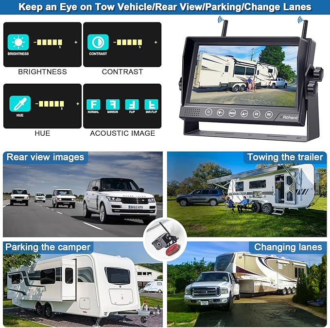 Rohent RV Backup Camera Wireless HD 1080P Waterproof Dual Antennas Digital Signals Rear View System for Trailers Trucks Motorhomes 4 Channels 7'' Touch Key DVR Monitoring Night Vision R12