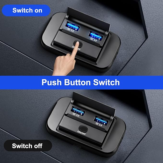 12V Flush Mount USB Charger with Power Switch, Multi-Port Car Charger for RV, Boat, Car, Bus, ATV, Motorcycle - Panel Mount Charging Accessories (QC+QC)