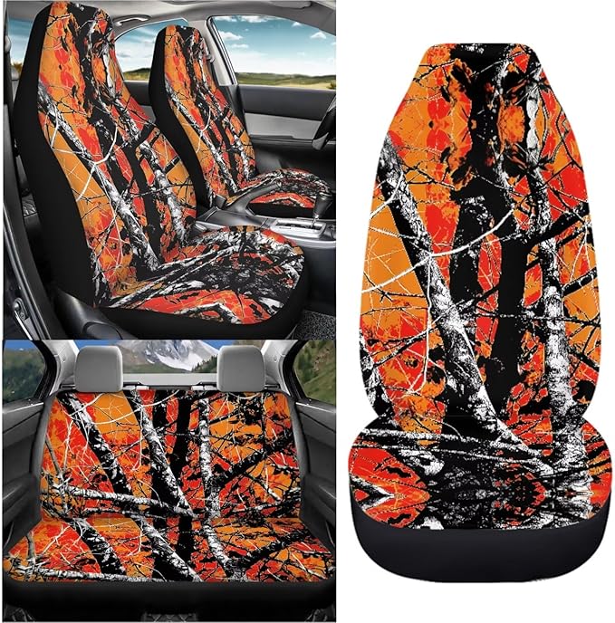 KEIAHUAN Car Seat Covers Camo Hunting Design Front Seat Cover and Split Rear Bench Seat Cover Comfortable Stretchy Universal Fit Most Cars SUVs Vans Sedans, Orange