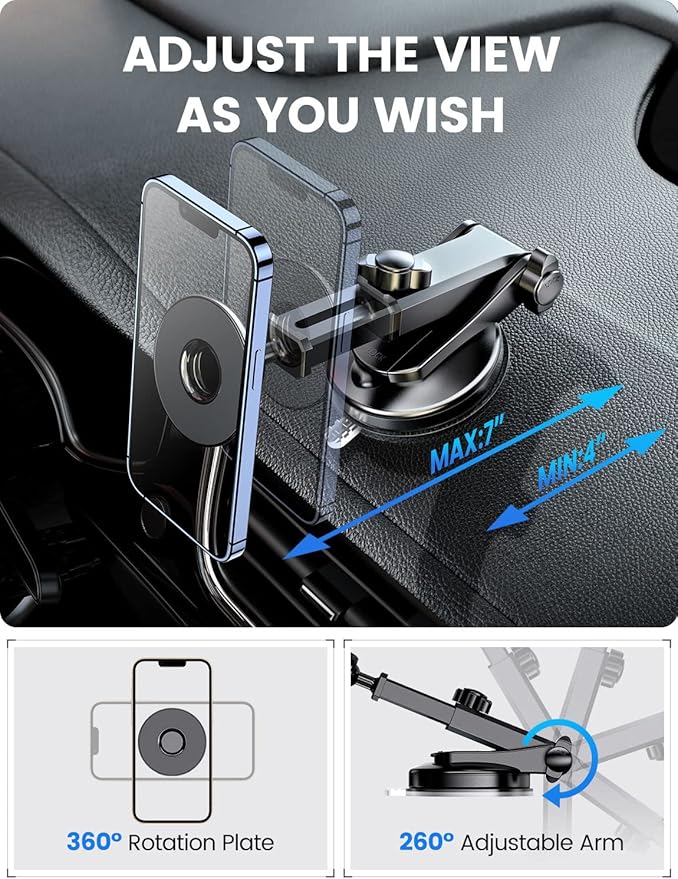 eSamcore for Magsafe Car Mount, Retractable Magnetic Car Mount for Dashboard & Windshield Vacuum Suction Cup Cell Phone Holder for iPhone 17 Pro Max 16 15 14 13 12 and Magsafe Case