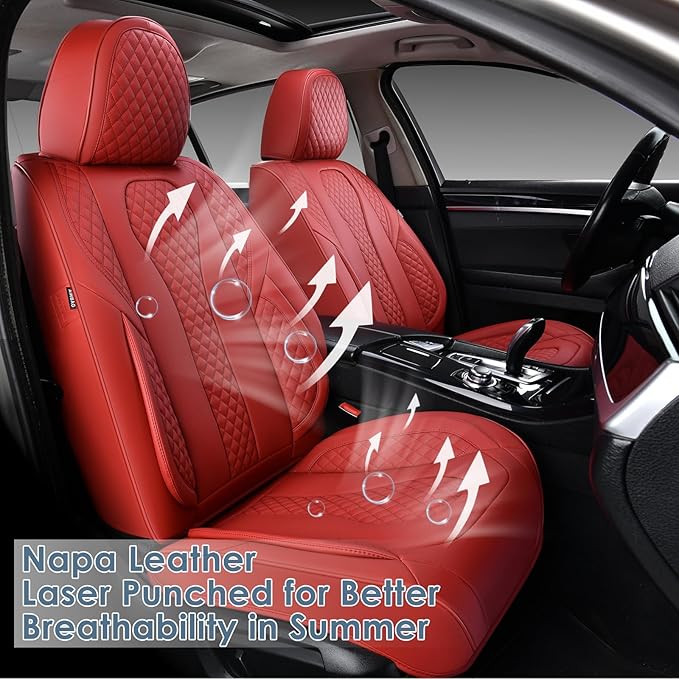 KEYOOG Car Seat Covers Full Set, 5-Seater Waterproof and Breathable Nappa Leather, Fit for Front and Rear Seats of Cars, Compatible with Airbags, Car Seat Protector Covers for Most Cars - Wine red