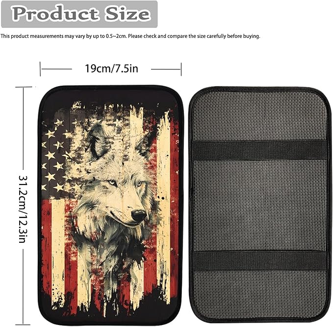 Wolf US Flag Print Car Center Console Armrest Cover,Armrest Cushion Cover Pad, Wolf Print Car Accessories Universal Fit