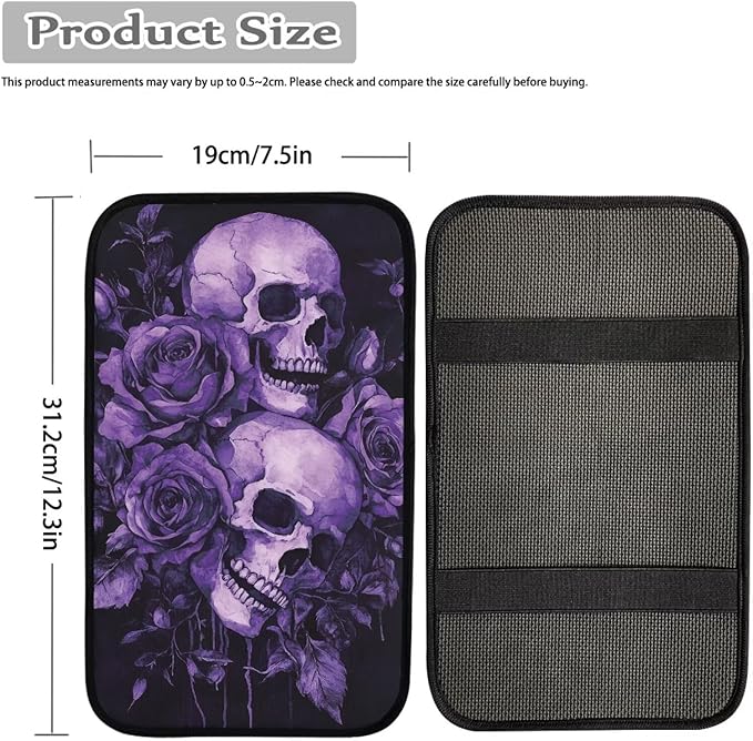 Dreaweet Purple Rose and Skull Print Center Console Cover Goth Car Accessories Middle Console Covers for SUV Sedan Non Slip Anti Scratch Arm Rest for Car Armrest Storage Box Mat