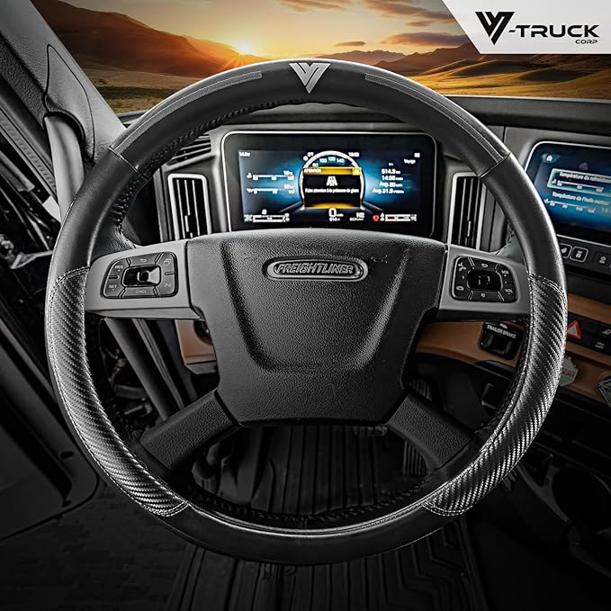 18-Inch Genuine Leather Steering Wheel Cover for Semi Trucks – Black with Grey Stripes, Universal Fit Heavy-Duty Non-Slip Grip, Comfortable Control, Easy Installation