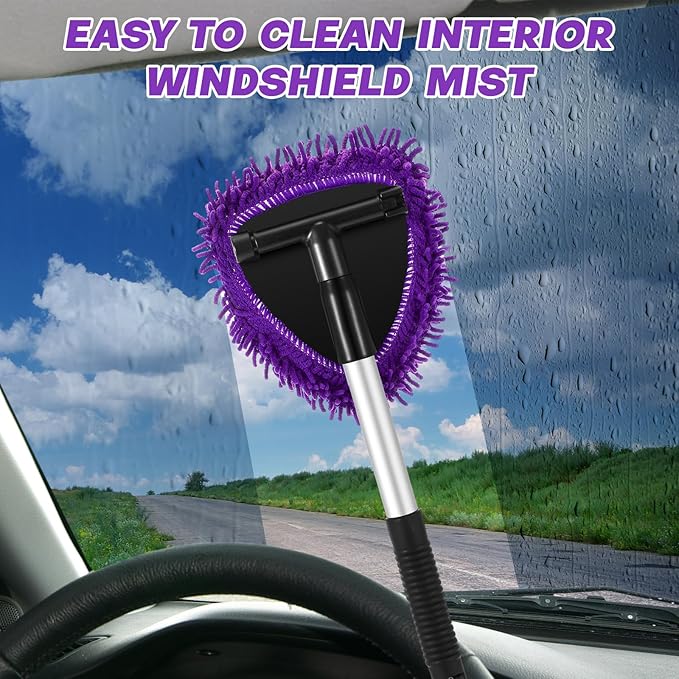 Baderke 9 Pcs Car Windshield Cleaner Tool Kit with with Extendable Handle, Microfiber Towel Pads, Sponge, Ventilation Brush, Empty Spray Bottle for Auto Glass Wiper Suvs Rvs & Home Windows(Purple)