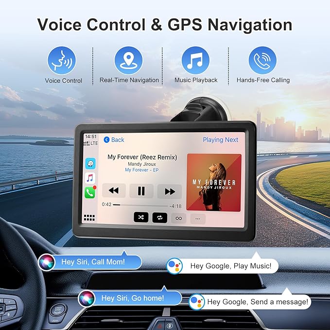 Carplay Screen for Car, 7" Wireless Carplay & Android Auto, Portable HD Touchscreen with Mirror Link, GPS Navigation, Voice Control, Hands-Free Calling, Bluetooth/AUX/FM, Plug & Play Car Play Screen