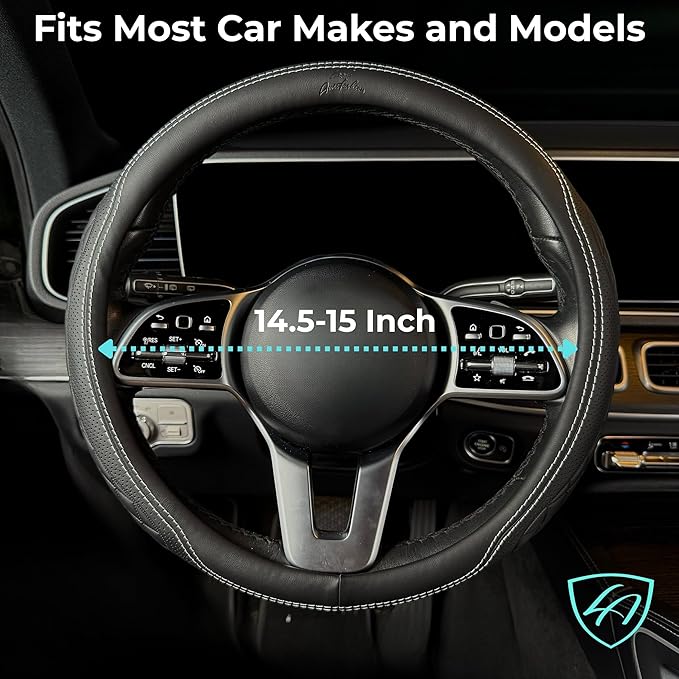 Lord Autofashion Steering Wheel Cover – PU Leather, Non-Slip Rubber Inner, All-Season Comfort – 14.5–15 Inch (Black/White 9366)