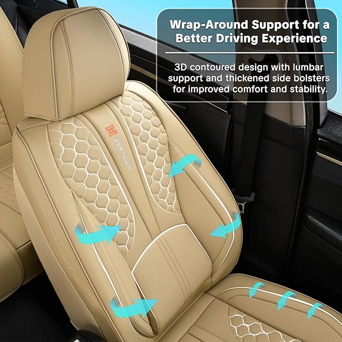 Beige Car Seat Covers for Ford Bronco Sport 2021-2025 Car Seat Cover, Faux Leather, 5 Piece Full Set, Waterproof, with Lumbar Support, Protect and Upgrade Seats