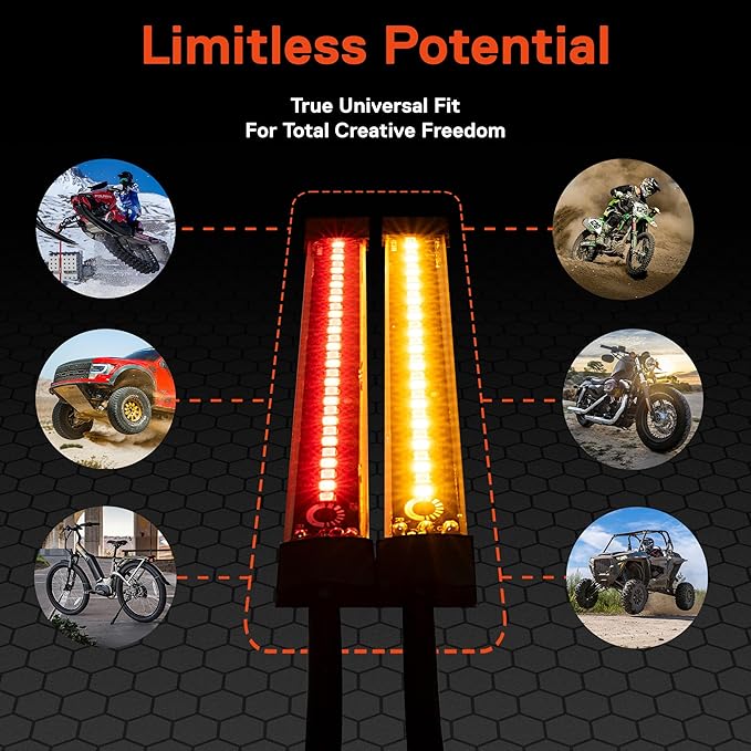 TRUE MODS 2pc 5" Rear LED Motorcycle Red Running Brake & Amber Turn Signal Tail Light Strip Kit for License Plate [Waterproof] Universal Self Adhesive Surface Mount Flexible Rear Lamp for Bike ATV UTV