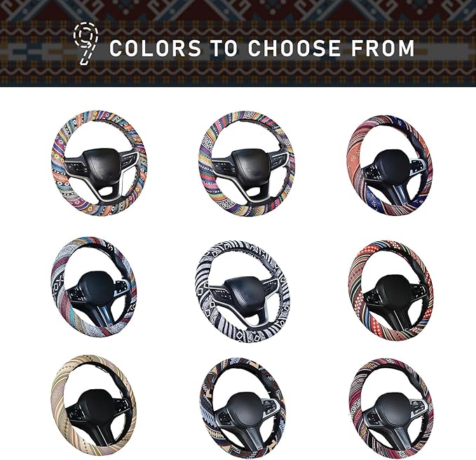 Boho Steering Wheel Cover, 15.0"×15.0" Anti-Slip Baja Blanket Ethnic Steering Wheel Protector, Breathable Flax Cloth Elastic Bohemian Steering Wheel Cover, Car Accessories (Style H)