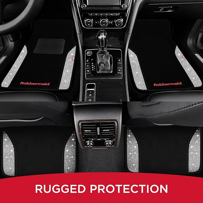 Rubbermaid Bling Car Mats, Carpeted Floor Car Mat with Faux Leather & Built-in Heel Pad, Two-Tone Car Rug Floor Mats, Stylish Carpeted Floor Mats for Cars, Trucks & SUVs Glitter Sliver Color