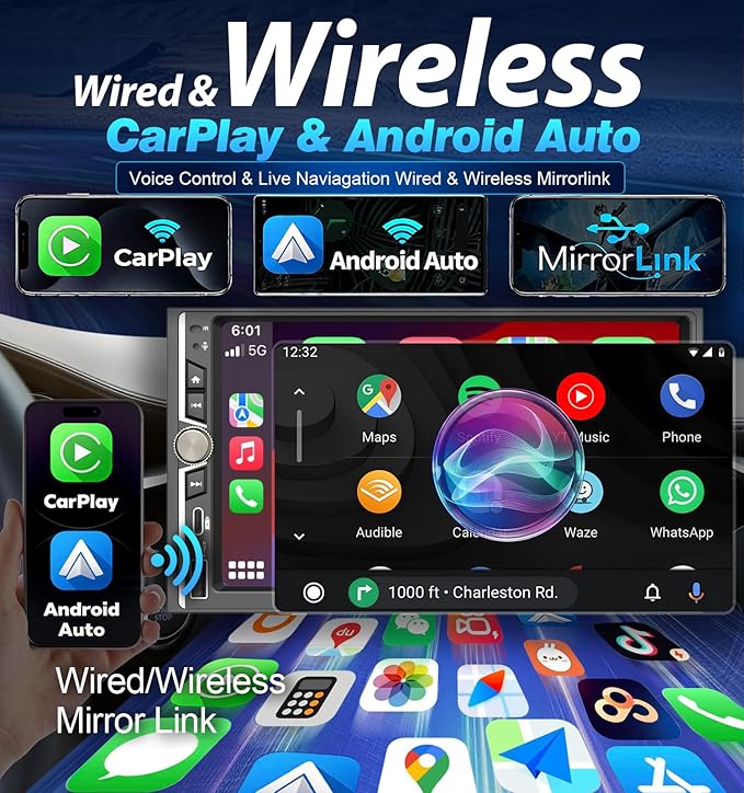 Double Din Car Stereo with Wireless Apple CarPlay & Android Auto 7" IPS Screen, Car Play Radio Audio, 240W, Bluetooth, AHD Backup Camera, USB-C Fast Charging, 16-Band EQ, SWC, MirrorLink