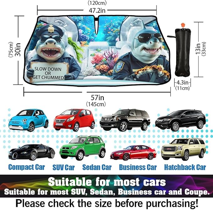 CHILL·TEK Funny Animal Car Windshield Sun Shade Umbrella, Funny Sharks Car Sun Shade Umbrella, Block UV Rays Heat Foldable Windshield Umbrella Sun Visor Protector - Keep Vehicle Cool for Cars SUV