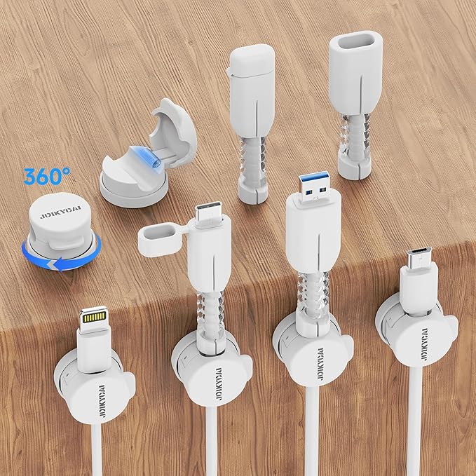 6 Rotatable Cord Holder Desktop Cord Organizer Magnetic Spring Cable Clips 2 Charging Cord Protecors for Nightstand Phone Charger Organizer Computer Desk Cable Management Appliance Adhesive Wire Strap