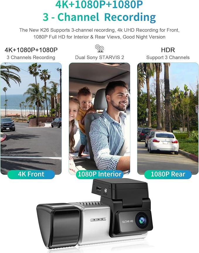 Dash Cam Front and Rear, 4K/2.5k Full HD 3 Channel Dash Camera for Car, Included 32G Card Dashcam, Built-in WiFi GPS, App Control, 3.18’ IPS Screen, Night Vision, Wide Angle, WDR, 24H Parking Mode