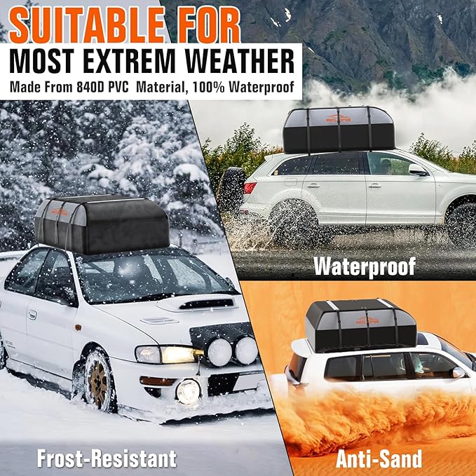 ACLONG 21 Cubic Feet Car Roof Bag 840D Waterproof Rooftop Cargo Carrier Bag for All Cars with/Without Racks Includes Anti-Slip Mat Storage Bag Combination Lock 6 Door Hooks