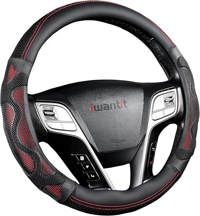 Iwantit® Steering Wheel Cover with 3D Honeycomb Anti-Slip Design and Breathable Fabrics, Universal 14.5-15 Inch (Red/Black)