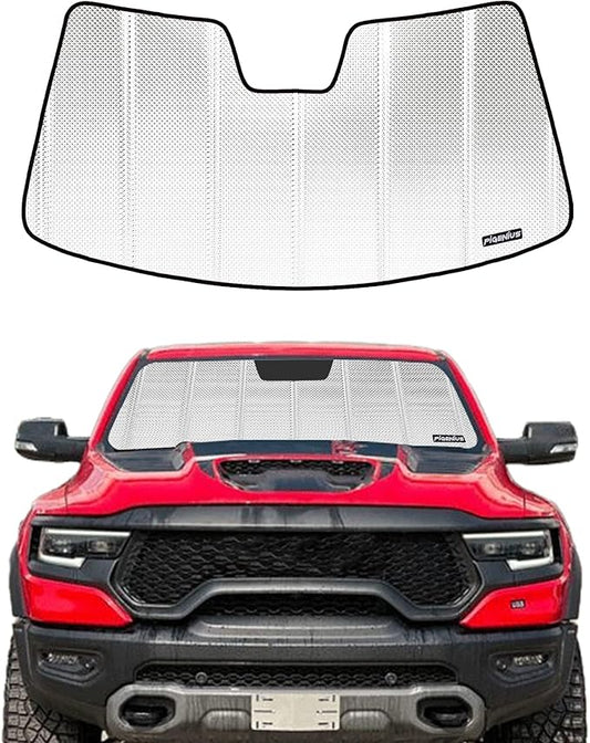 Windshield Sun Shade for Ram 1500 2019-2025 with 10 Inch Wide Sensor. Reflective Aluminum Film Front Window Sunshade - BLAZBLOCK