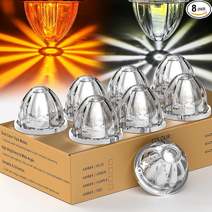 8-Pack Dual Color LED Watermelon Lights 3 Modes Amber White Steady & Alternating Strobe with Metal Bezel 12V 24V Side Marker Clearance Turn Signal Lights for Truck Trailer RV Off Road