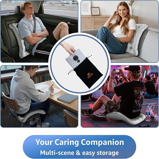 Lumbar Support Pillow, Inflatable Seat Cushion, Lightweight Car Back Cushion, Portable Chair Seat & Back Cushions for Office, Flight, Workplace, Gray Stadium Cushions with TPU
