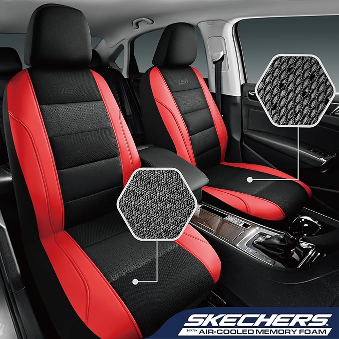 Skechers Men’s Seat Covers, Air-Cooled Memory Foam Car Seat Covers Front Seats, Airbag Compatible,Universal Fit for Most Cars, SUVs, Vans and Trucks,Red