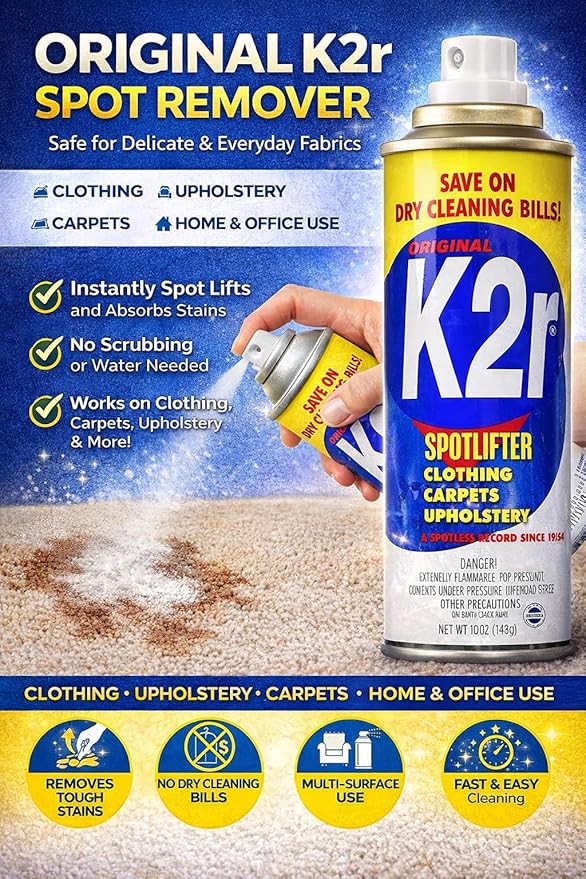 K2R SpotLifter Spot Remover Spray – Quick-Drying Stain Remover for Clothing, Carpets, Upholstery & Wallpaper – Built-In Brush Cap for No-Mess Touch-Ups – 10oz (2, 1)